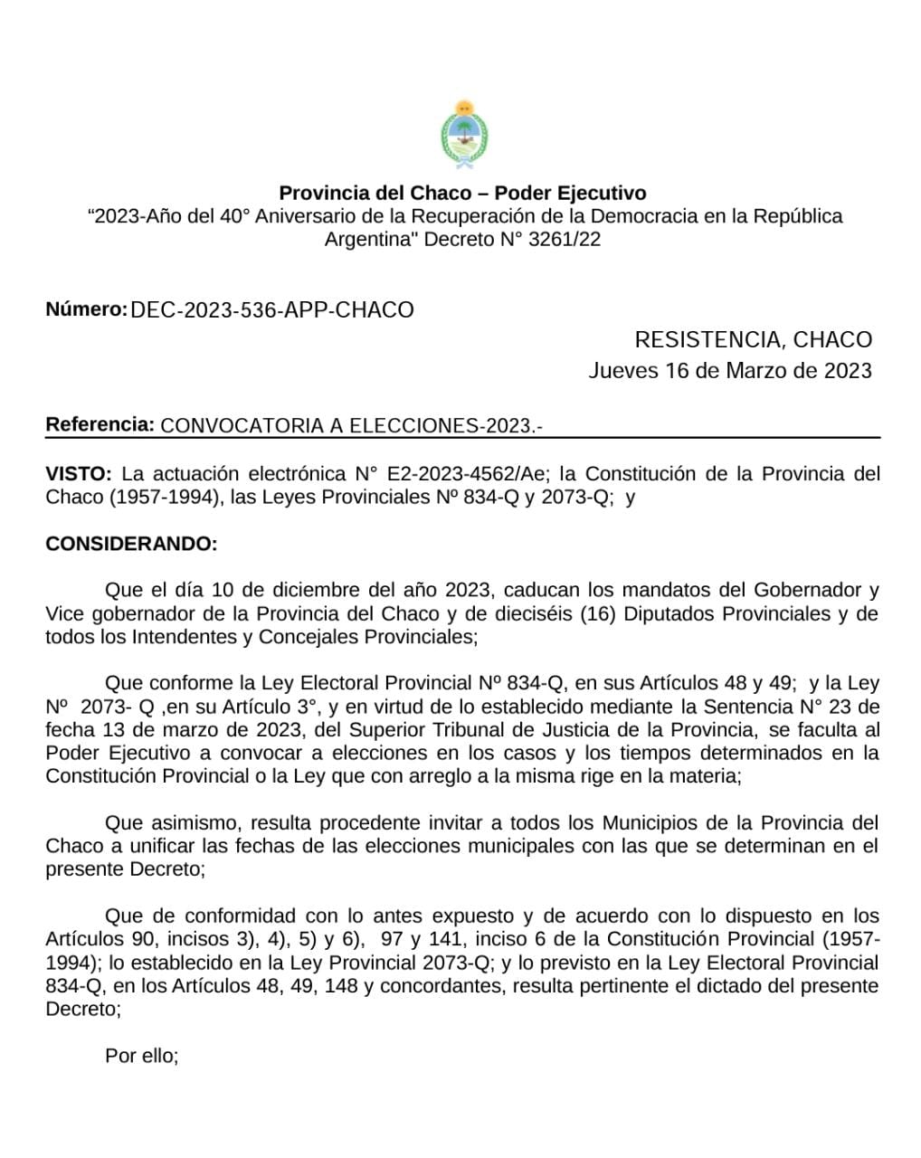 *CHACO DEFINIÓ EL CALENDARIO ELECTORAL PARA 2023*
