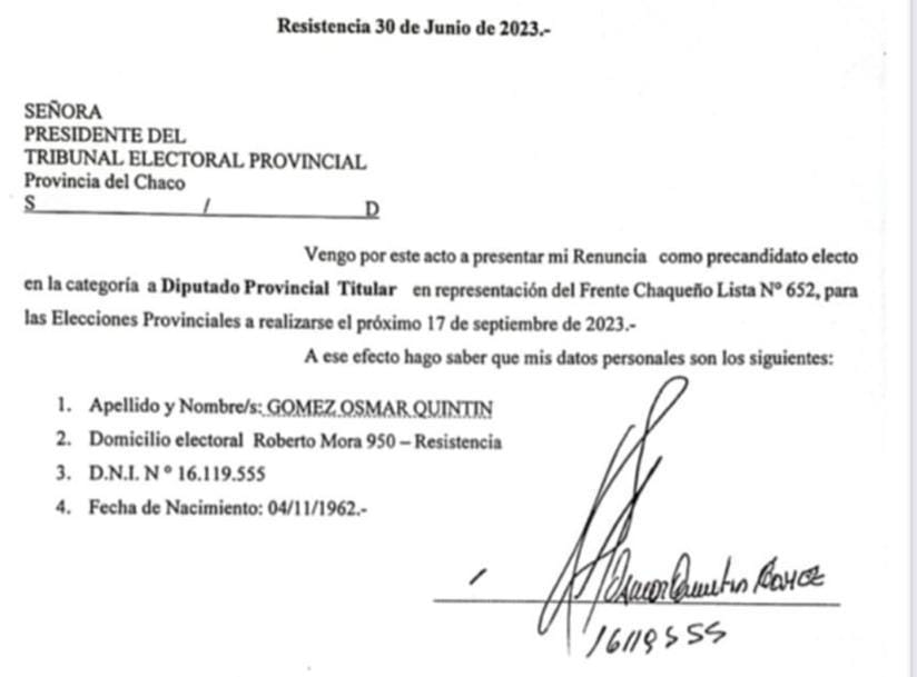 *El Frente Chaqueño informa sobre la renuncia de un precandidato de la Lista 652*
