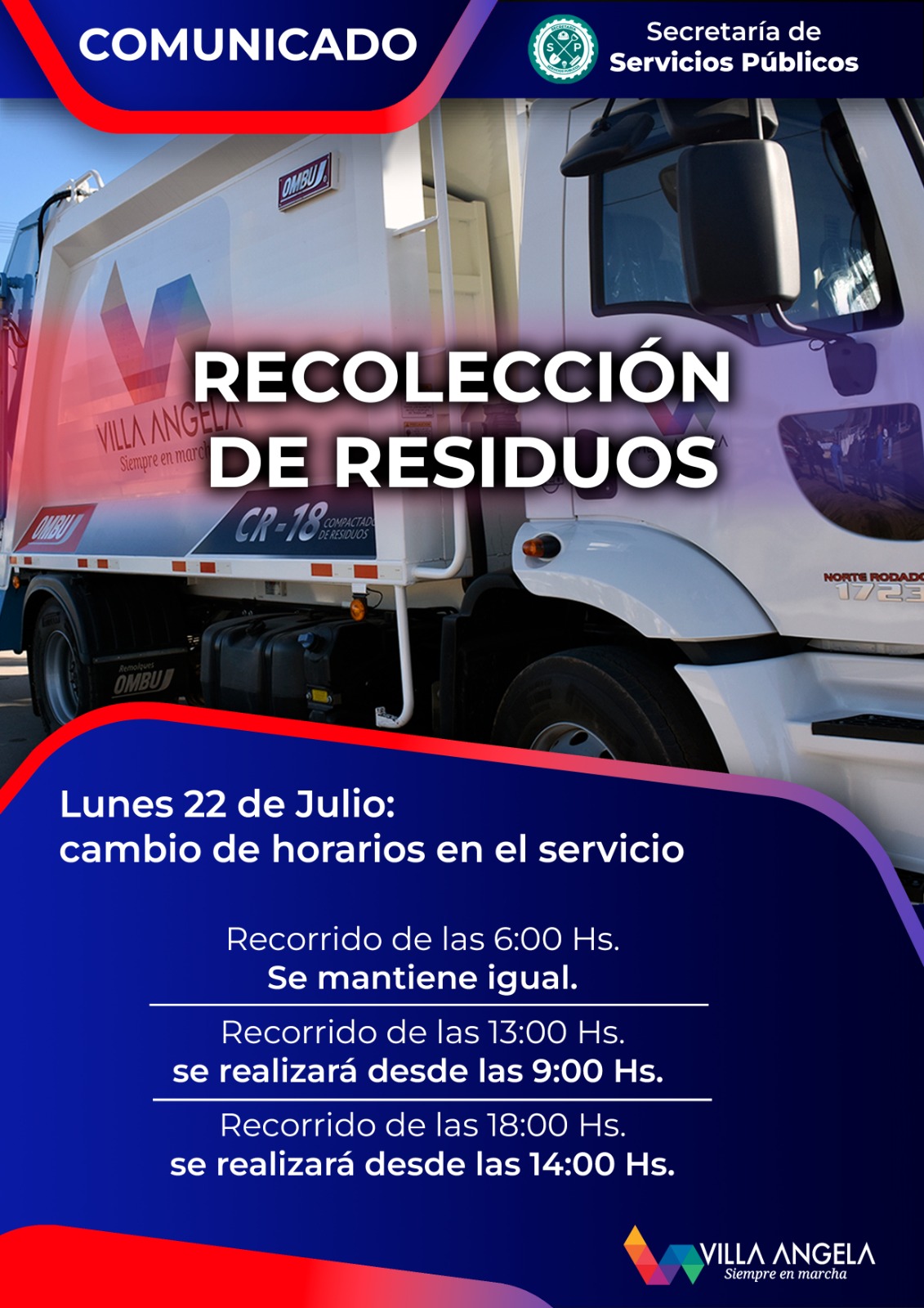 CAMBIO DE HORARIO EN EL SERVICIO DE RECOLECCIÓN DE RESIDUOS EN VILLA ÁNGELA
